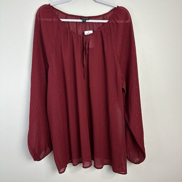 Torrid Blouse Red Chiffon Tie Front Long Sleeve Womens Plus 3x Holiday Metallic - Picture 1 of 7